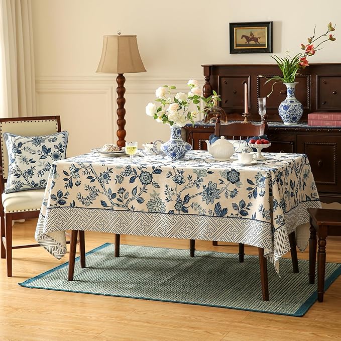 Vintage Blue and White Rectangle Tablecloth,French Linen Floral Wrinkle Free Tablecloths,Decorative Table Cover for Kitchen,Dining,Party,Thanksgiving,Christmas,55"*79"-Suqing