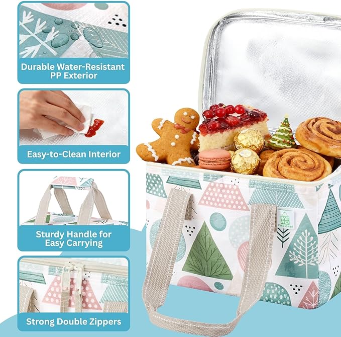 VENO 2 Pack Christmas Insulated Lunch Bag, Heavy Duty Insulated Grocery Bags, Small Cooler with Water-Resistant PP Exterior for Work, Picnic, Travel, Easy-Clean (Pastel Forest, 2 Pack)