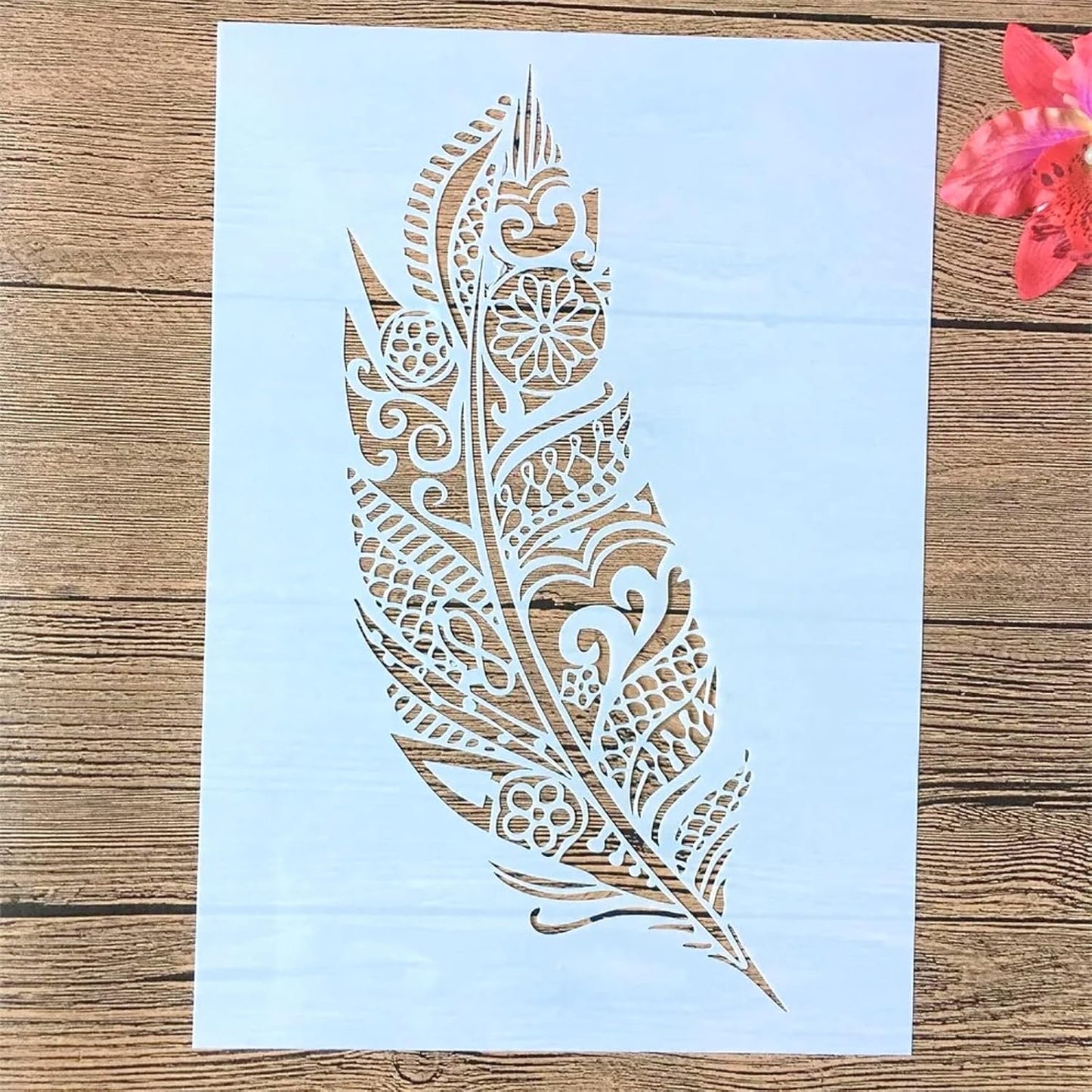 TIAMECH A4 Mandala Feather Stencil for Painting on Wood Reusable Big Feather Layering Stencil DIY Scrapbook Coloring Decorative Size 8.3 x 11.7inch Template