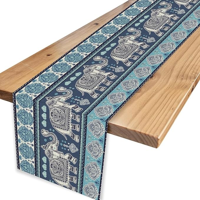Boho Elephant Table Runner, Rustic African Tribe Animal Diwali India Damask Mandala Art Print Blue Coffee Table Center Decor for Home Kitchen Dining Holiday Party Outdoor Table Decorations, 13"x36"