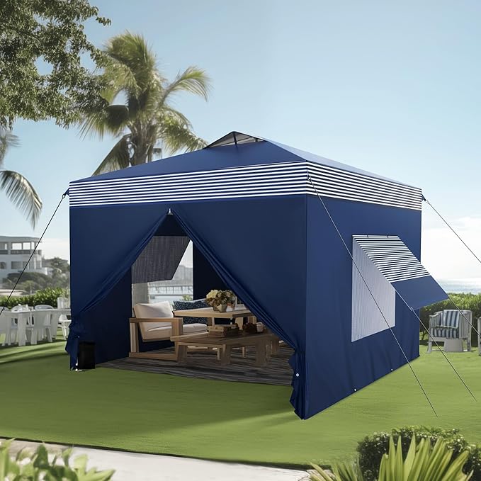 PHI VILLA 10x10 Pop Up Canopy Tent with Sidewalls - Easy Up Tent with Mesh Windows for Ventilation, Waterproof Design - Ideal for Parties, Beach, and Outdoor Events (Navy Stripe)