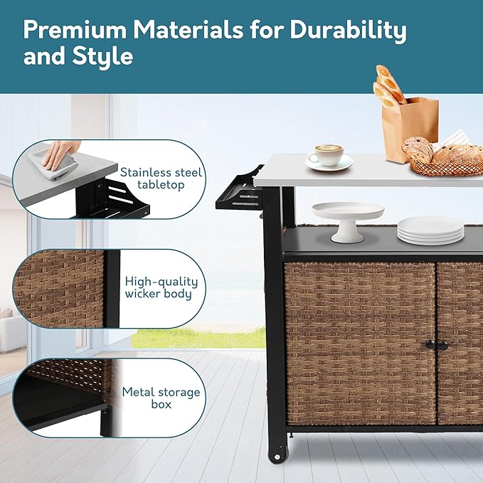 Patio Grill Cart with Wicker Storage, Outdoor Kitchen Island Serving Cart with Stainless Steel Table Top, Outdoor Prep Table and Rolling Wheels, for BBQ, Patio, Brown