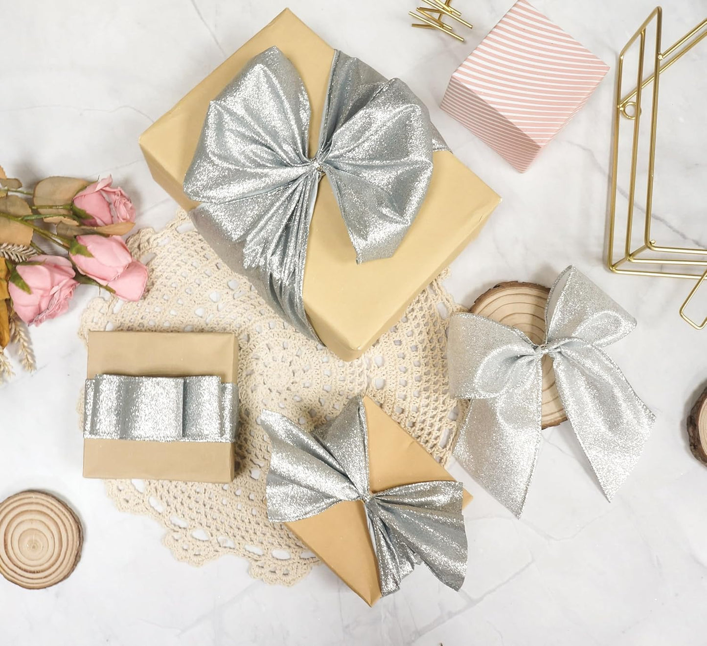 CT CRAFT LLC Glitter Wired Ribbon 1.5" x 10 Yards Silver for Christmas Home Decor Bow Gift Wrapping DIY Crafts Wreath