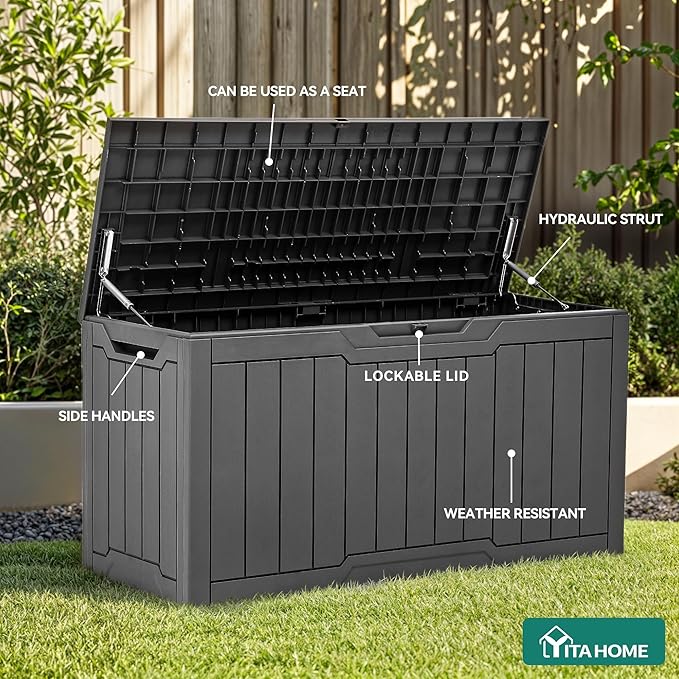 YITAHOME 80 Gallon Resin Deck Box, Weather Resistant Outdoor Storage Box, Lockable Indoor Outdoor Storage for Supplies and Essentials, Dark Gray