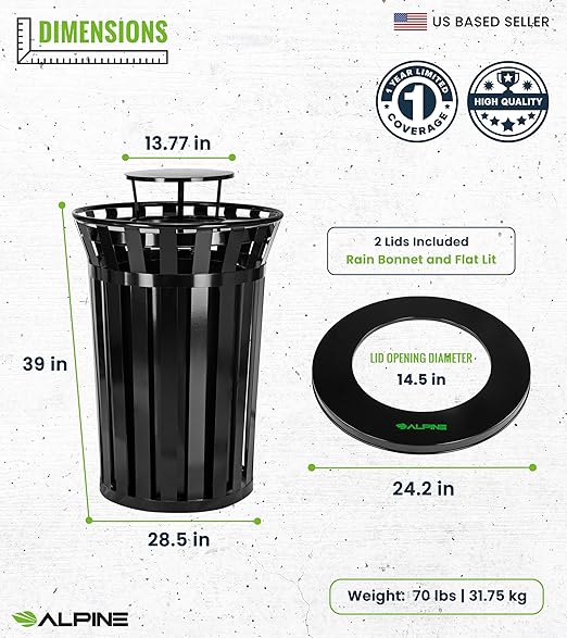 Alpine Industries 38 Gallon Commercial Outdoor Metal Trash Can with Liner, Flat Lid & Rain Bonnet