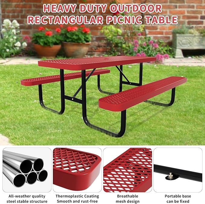 6FT Picnic Tables for Outdoors, Rectangular Commercial Metal Picnic Table Bench Set with Umbrella Hole,Heavy Duty Steel Weather-Resistant Dining Table for Patio Dining Garden Backyard BBQ School