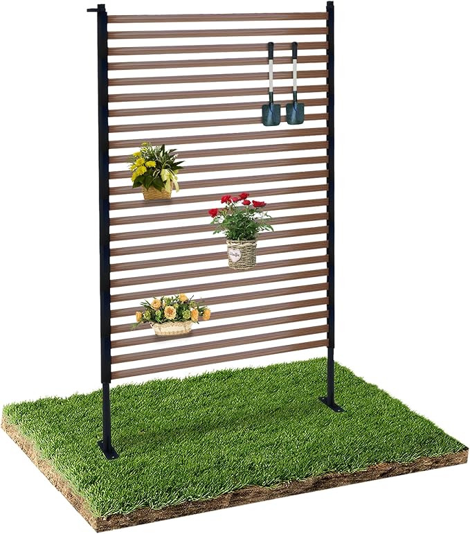 Outdoor Privacy Screen Fence with Feet Stand 3.3FT x 6FT, Wood Texture Freestanding Fence Privacy Screen for Outside, Metal Pipes and Slats Panels Divider for Garden Patio Balcony Backyard