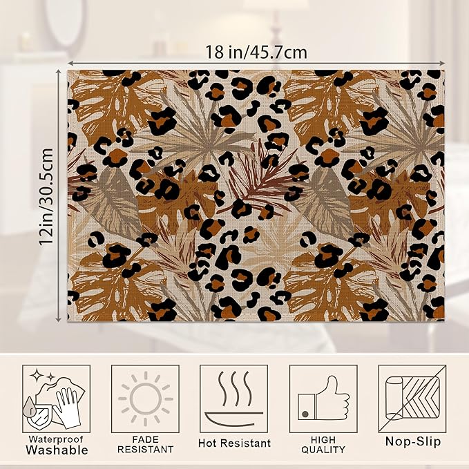 Black Brown Leopard Placemats Set of 6,Tropical Palm Leaves Place Mats Heat Resistant Washable Non-Slip Table Mats for Party Kitchen Dining Decor 12x18 Inch