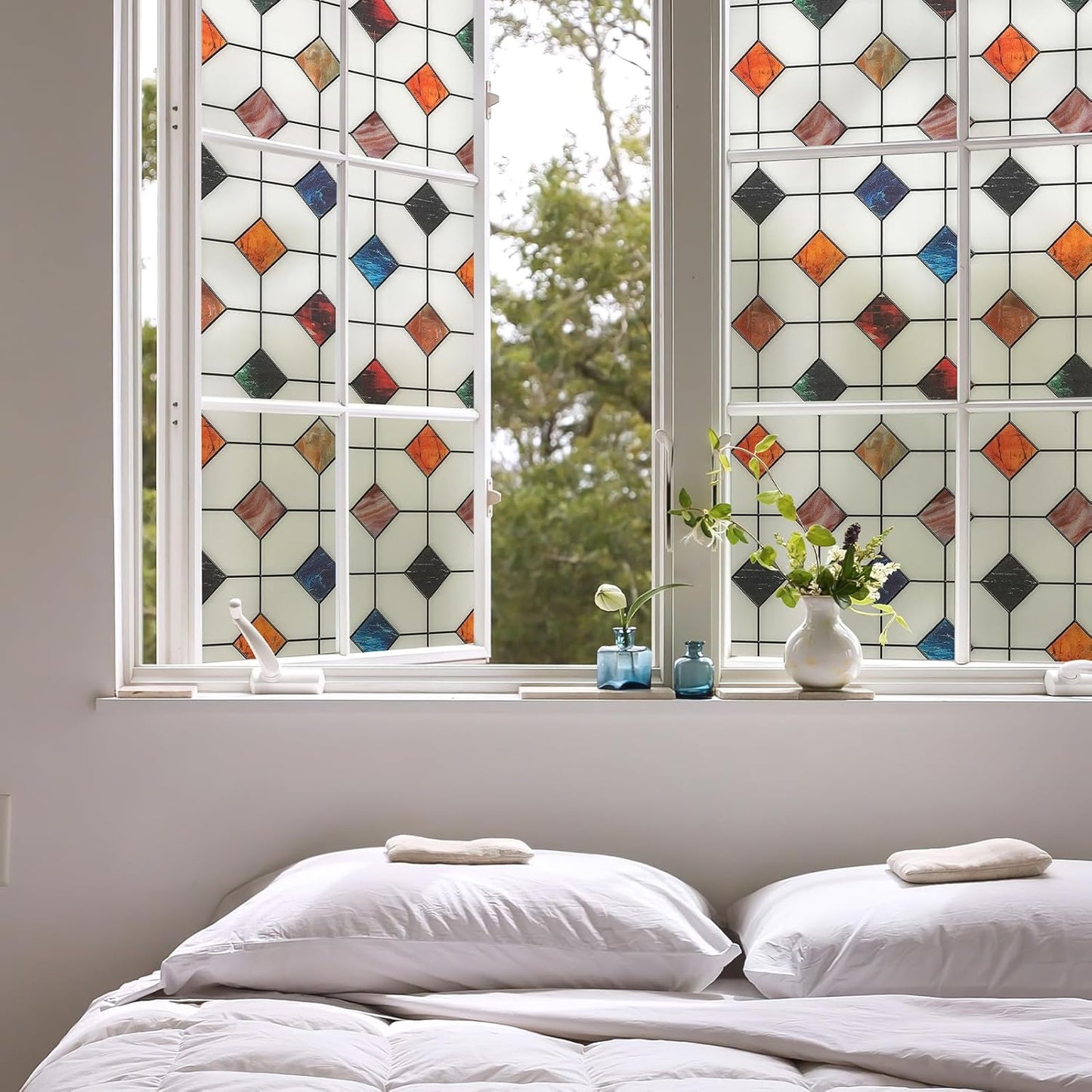 DKTIE Stained Glass Window Film Geometric Patterns, Fine Frosted Window Clings for Glass Windows, Waterproof for Bathroom Window Privacy Film Day and Night (S533, 35.4in X 118.1in)