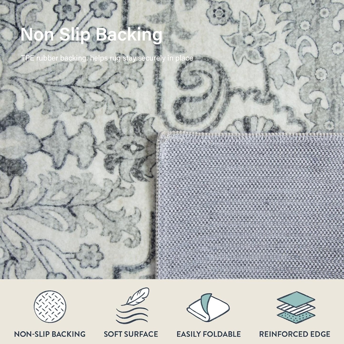 Lahome Round Rug 4ft, Soft Rug for Bedroom Machine Washable Office Circle Rug, Bohemian Medallion Non-Slip Non-Shedding Low Pile Printed Indoor Carpet for Kitchen Laundry Bathroom, Beige