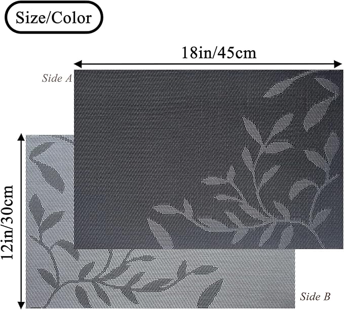Leaf Placemats Set of 8, Non-Slip Heat-Resistant 18" x 12" Vinyl Washable Placemats for Kitchen Indoor Outdoor Party Birthdays Weddings Decoration (Black)