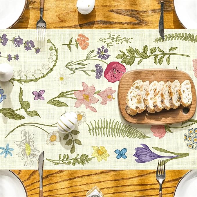 Summer Flower and Leaf Table Runner Seasonal Holiday Anniversary Indoor Outdoor Home Kitchen Table Party Decor (Colorful Flowers 3, 13×72 Inches)