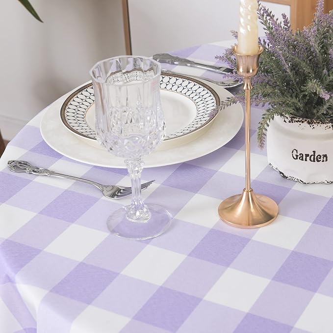 Cupuamon 2 Pack Waterproof Polyester Fabic Round Checkered Tablecloth，60 Outdoor Table Cloth，Oil Stain Prevention Table Cloth for Pinics and Parties（Lavender and White）