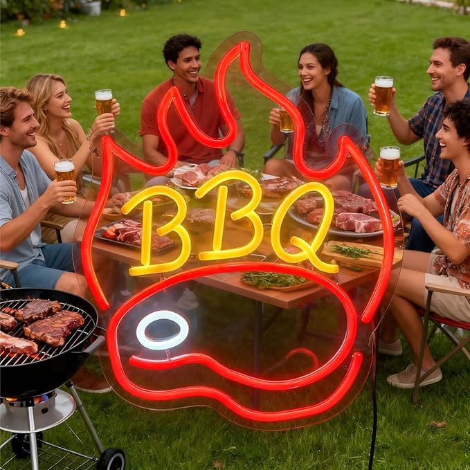 BBQ Neon Signs for Backdrop wall decor，Dimmable USB Powered,Barbecue Neon Light Up Home Party restaurant Grill Beer Bar Decoration Lights, Bright LED bbq sign (14.8"*12.2"in)
