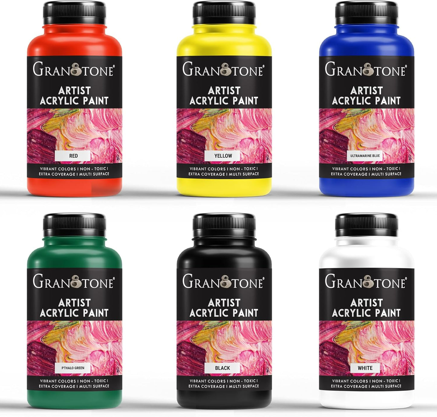GRANOTONE Acrylic Paint Set - 6 Primary Colors, 7 oz Each | Non-Toxic Student Acrylics for Artists, Kids & Hobbyists | Ideal for Painting & Crafting | Vibrant & Safe Art Supplies | Made in India
