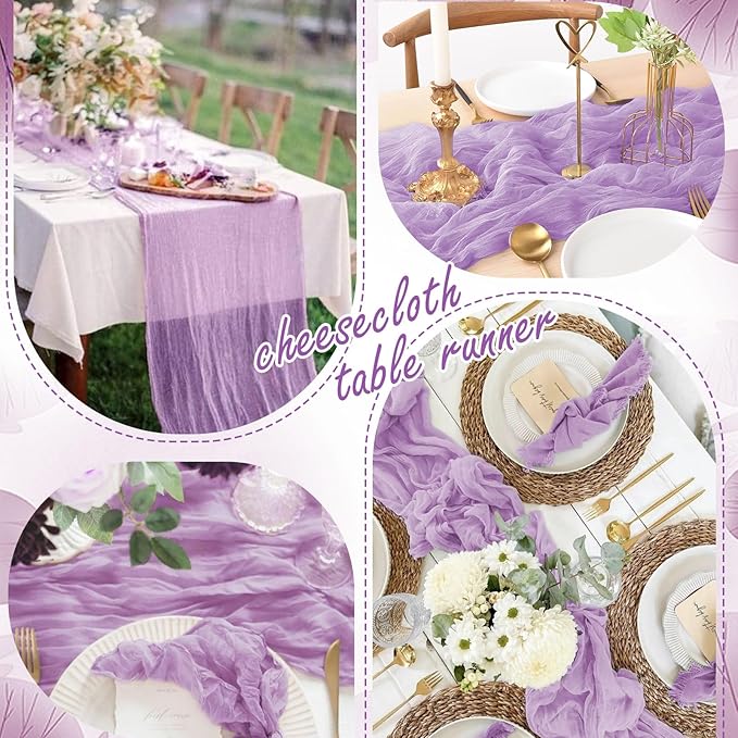 20 Packs Cheesecloth Table Runner 10FT Long Boho Gauze Fabric Table Runner Vintage Rustic Sheer Runners for Wedding Party Bridal Baby Shower Table Decorations (Lilac )