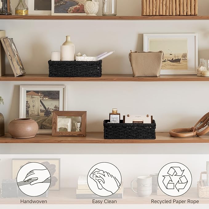 StorageWorks Small, Pantry Baskets, Wicker Storage Baskets for Organizing, Shelves, Pantry Organizers and Storage, Black, 2-Pack