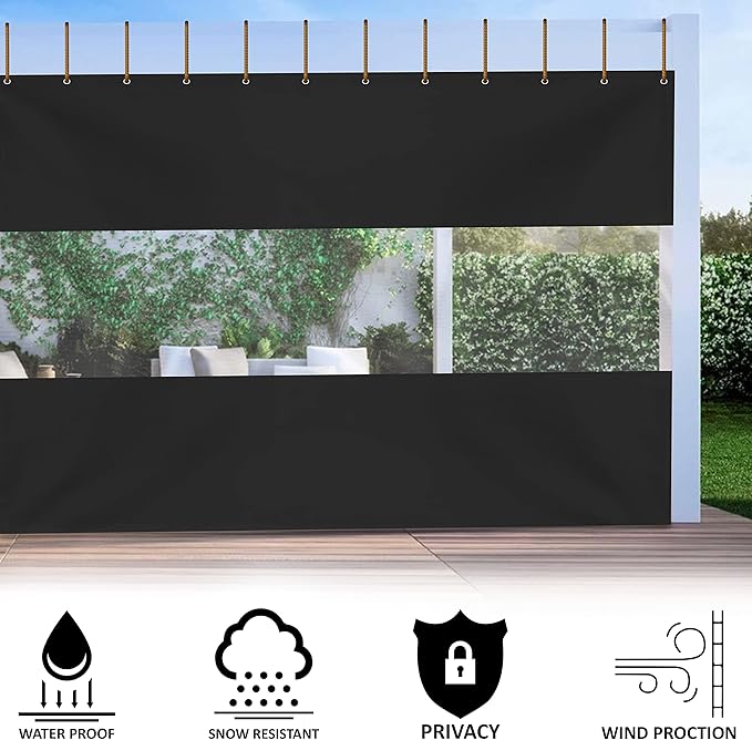 Covers & All Outdoor Clear Panel Curtain, 12 oz Vinyl Outdoor Curtains for Patio, Weather Resistant Waterproof Tarp with Brass Grommets for Pergola, Porch, Gazebos, Balcony (8'H x 15'W Feet, Black)