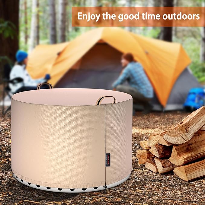 QH.HOME [2025 Upgraded 900D Fabric] Fire Pit Cover Round for Solo Stove Yukon 27"-29",Waterproof Smokeless Fire Pit Cover,Strong Tear Resistant,Fits for Gas/Table/Bowl Fire pits - 30" D X 18" H-Wheat