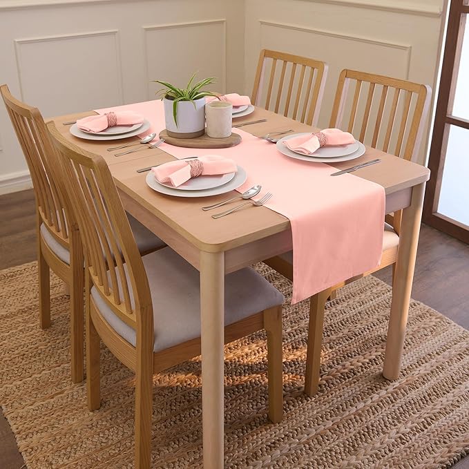 Encasa XO Table Runner 13"x91" Long | Cotton Canvas Fabric | Powder Pink Solid Color | Machine Washable & Durable