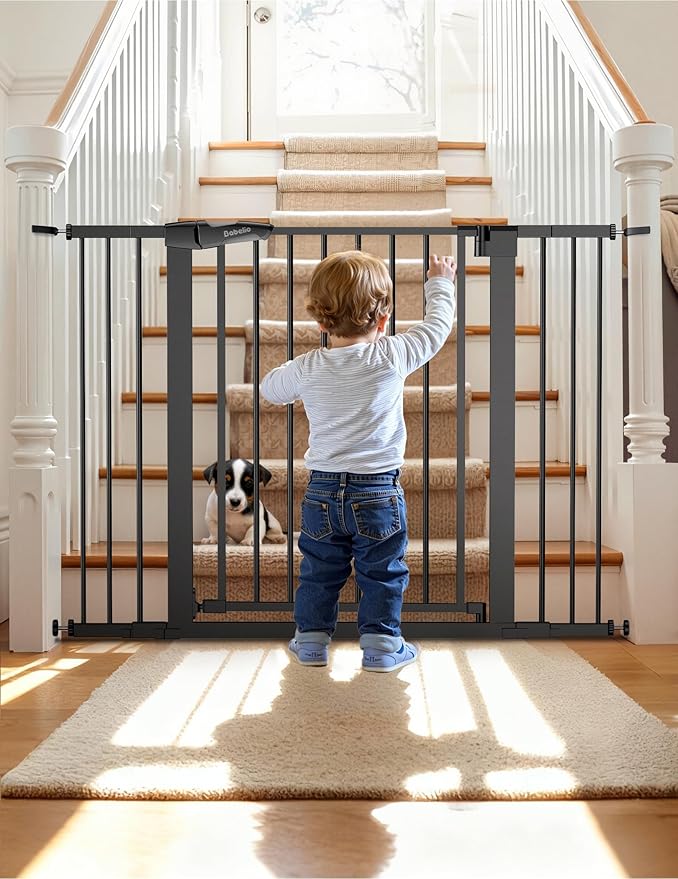Babelio Metal Auto Close Baby Gate PressGuard P7, 29-48" Wide 30" Tall Extra Wide Pet Gate for The House and Doorways, Pressure Mounted Walk Thru Child Gate with Door, Black
