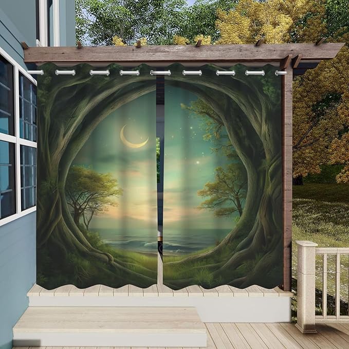Forest Theme Outdoor Curtains for Patio Waterproof,Trees Moon Lake Pattern,UV and Fade Resistant Outside Curtains for Gazebo, Front Porch, Pergola,Set of 2 Panels,W42 x L84,Green