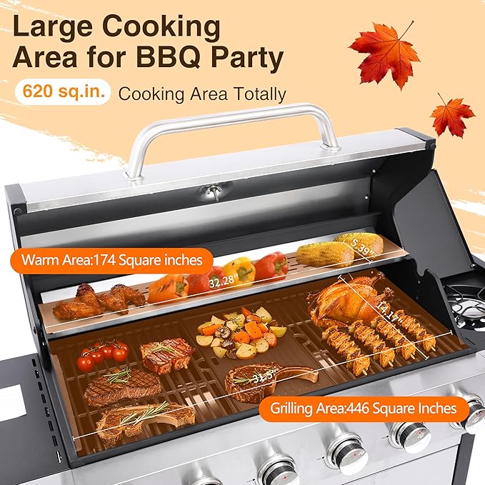6-Burner Propane Grill - 65850 BTU BBQ with Side Burner | Porcelain Cast Iron Grates | Stainless Steel Outdoor Grill for Backyard, Camping, Tailgating (Fast Heating & Easy Clean)