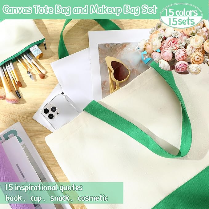Sanwuta 24 Pcs Canvas Tote Bags Bulk with Zipper Cosmetic Bags 18.5" Cotton Canvas Bag with Handles Reusable Shopping Bags