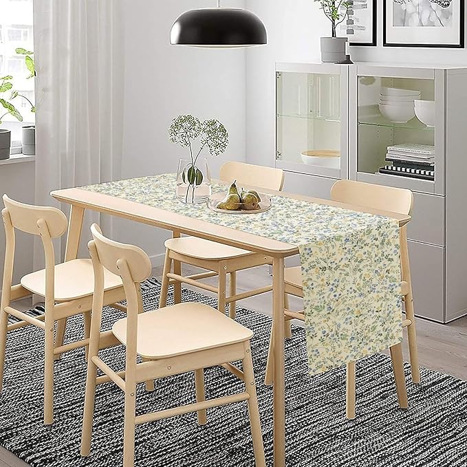 Rustic Flower Table Runner, Spring Sage Green Eucalyptus Leaves Watercolor Floral Flower Plant Leaves Print Table Cover for Dinning Holiday Home Picnic Party Decor, 13x36inch