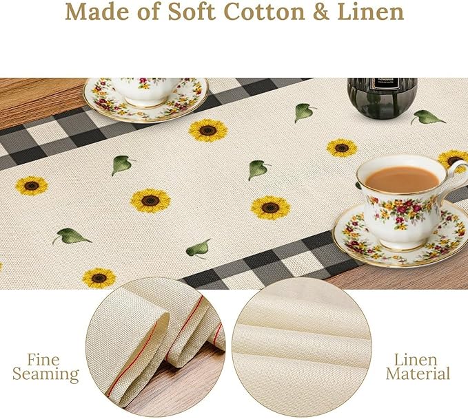 Morden Sunflower Table Runner,White Black Buffalo Plaid Watercolor Summer Flower Plants Leaves Print Table Runner for Kitchen Dining Table Holiday Home Party Decor 13x60in