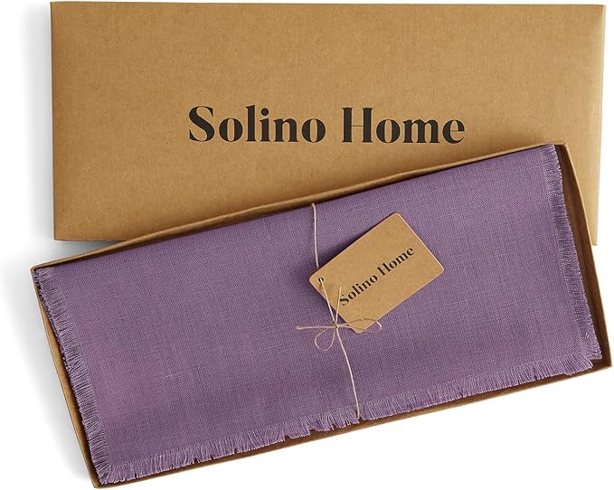 Solino Home Linen Fringe Table Runner 72 Inches Long - 100% Pure Linen Mulberry Table Runner 14 x 72 Inch for Valentines, Spring, Easter