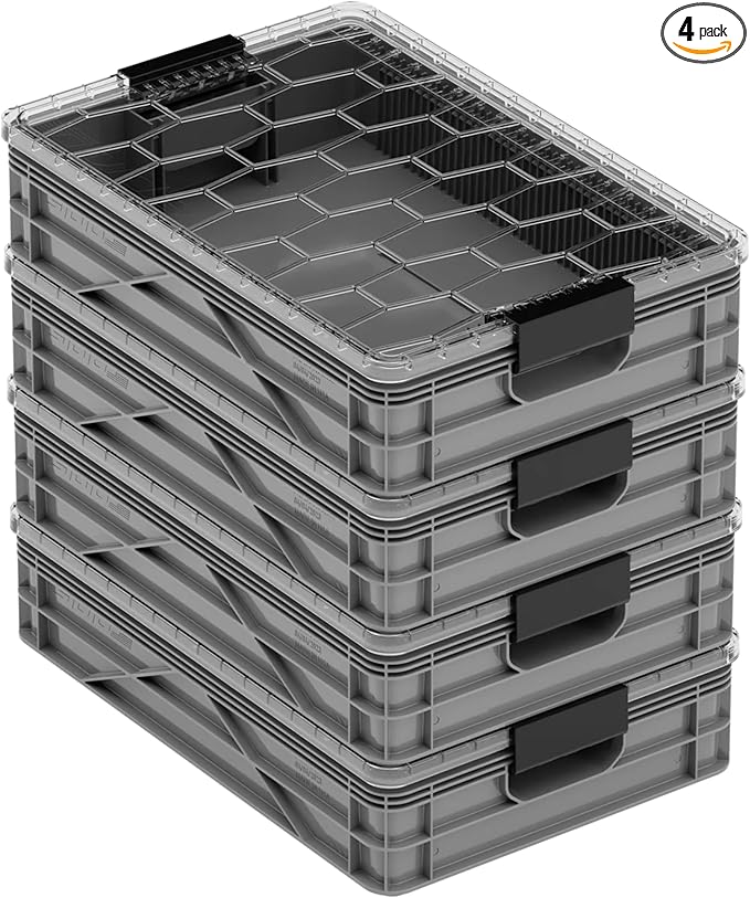 SIDIO Quarter Crate 4 Pack of Stackable Storage Bins - Organizer Bins with Dividers for Garage Organization, Home Storage - Heavy Duty Plastic Containers - 19.16” x 12.75”x 4.57” (Gray)