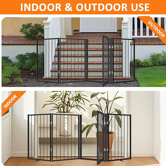 Metal Freestanding Dog Gate, Foldable Extra Wide 79", 32" Tall Large Opening Pet Gate for Indoor & Outdoor, Portable Dog Fence for Stairs, Doorways (Black, 4 Panels)