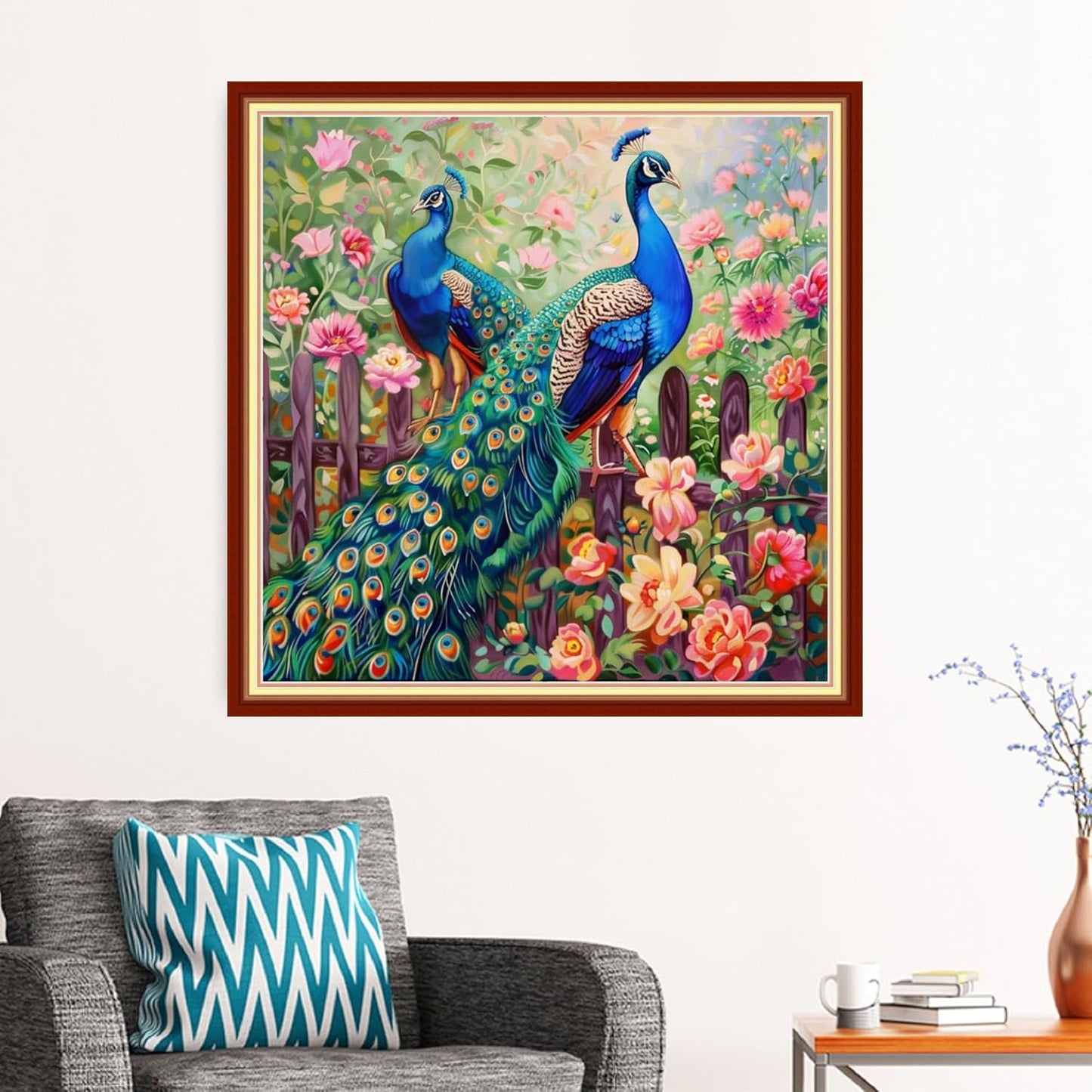 Stamped Cross Stitch Kits - Beach Night Landscape Counted Cross Stitch Kits for Beginners Adults Needlepoint Cross-Stitch Patterns-Peacock Couple 18x18 inchs