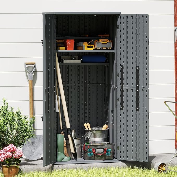 EHHLY Heavy Duty Tall Storage Cabinet Outdoor Weatherproof, 28 Cuft Garage Storage Cabinet with 4 Adjustable Shelves, Lockable Kitchen Pantry Closer Organizer, 31Wx23Lx66H, Sage Grey