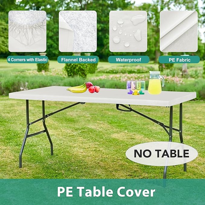 LUSHVIDA 6 Packs Vinyl Tablecloths with Flannel Backing for 4ft Rectangle Folding Table Cloths - Waterproof Plastic Picnic Table Covers with Elastic Corners, 30x48 inch, Ivory