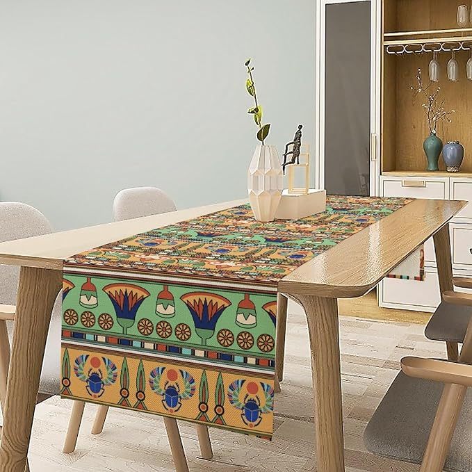 Egyptian Print Table Runner, Egyptian Ornament Scarab Flower Abstract Design Table Runner for Dining Kitchen Party Outdoor Holiday 13x108in