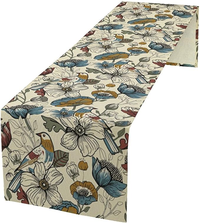 Boho Flower Birds Table Runner,Vintage Floral Aesthetic Art Table Decoration for Kitchen Dining Table Holiday Indoor Outdoor Home Party Decor 13x108in