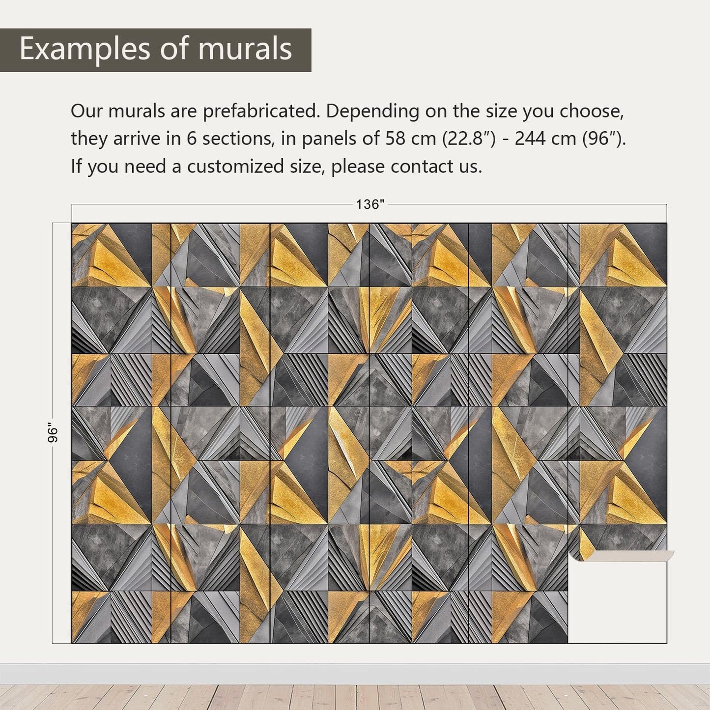 AFZEVEB-3D Geometric Wall Mural Gray and Gold Wallpaper for Bedroom 136"x96"(Not Peel and Stick)