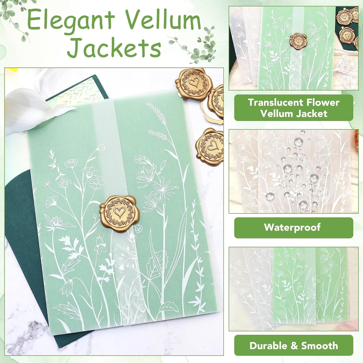 SWANGSA 100 Pack Vellum Jackets for 5x7 Invitations, Elegant White Wildflower Vellum Paper, 115GSM Translucent Invitation Sleeve Wraps for Wedding Bridal Baby Shower Birthday Envelopes