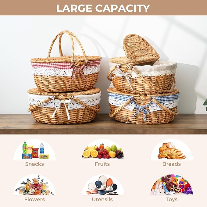 GRANNY SAYS Wicker Picnic Basket for 2 with Handles, Woven Cute Boo Basket with Washable Liner & Dual-Flip Lid, Vintage Large Picnic Baskets for Camping, Outdoor, Gift, Blue and White Checkered Liner