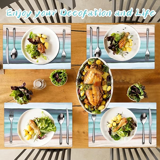 Coastal Placemats Set of 4 - Coastlin Faux Leather Anti Heat Placemats for Dinner Table, Non-Slip Waterproof Oil-Proof Washable Reusable Placemat for Indoor Outdoor Kitchen, 15.75In*11.81In