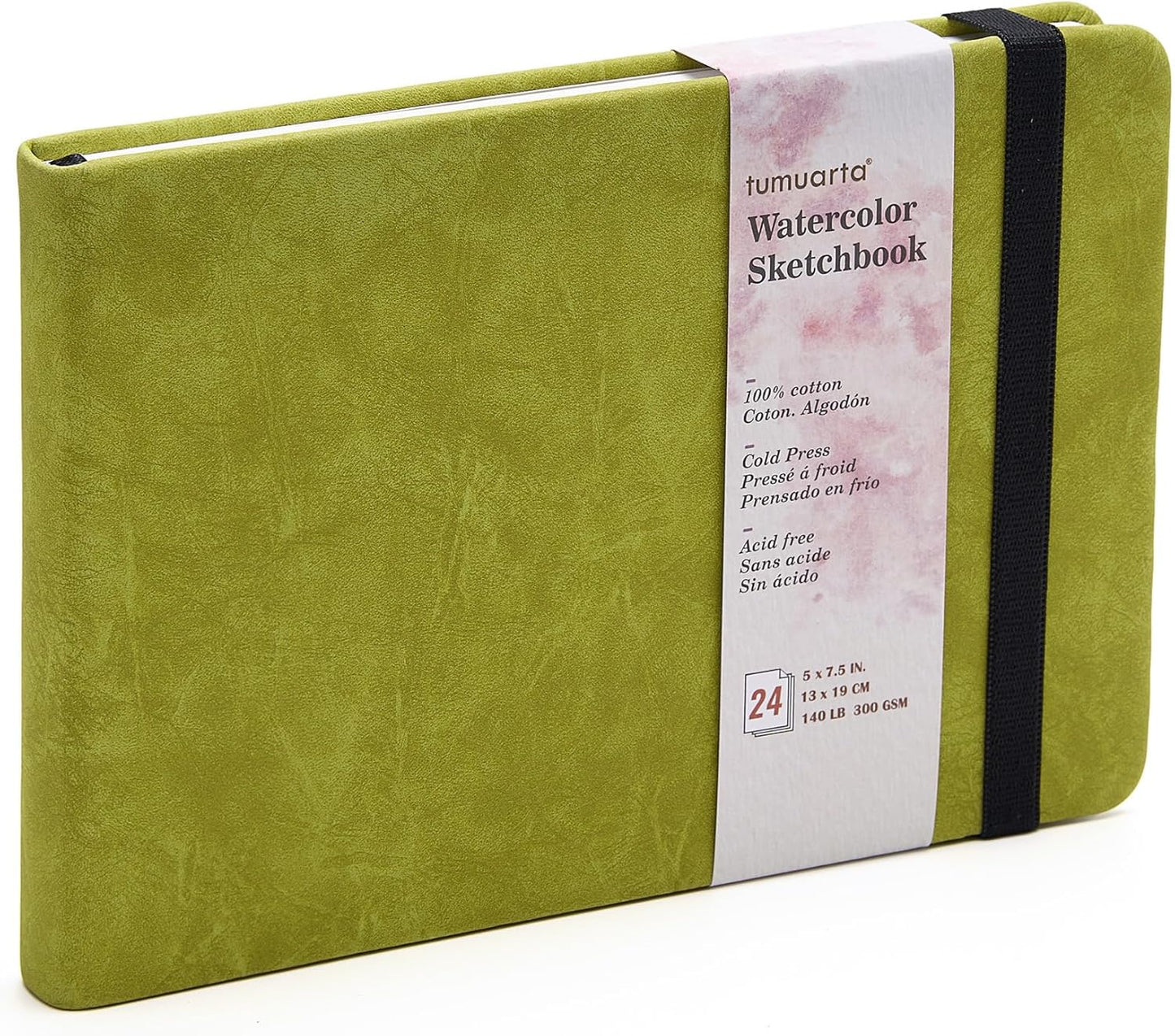 tumuarta Watercolor Sketchbook, 5x7.5, 140 LB, 300 GSM, 100% Cotton Paper, Cold Press, 24 Sheets, 48 Pages, Watercolor Journal for Use As Travel Sketch Book and Mixed Media Pad On The Go.5x7.5 Green