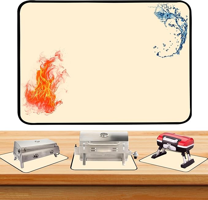 Khaki 25x19.5 Inchs Heat Resistant Mat for Outdoor Grill Table,Fireproof Under Blackstone Griddle BBQ Mat,Air Fryer Mat,Indoor Fireplace Mat, Protect Your Table and Grill Table（0.04in Thickness）
