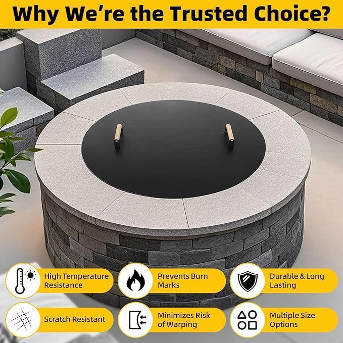G GOOD GAIN Firepit Lid Round 34inch - Rust Resistant Fire Pit Lid Cover with Wooden Handle & Gloves, Fire Pit Snuffer Lid for Courtyards, Patio, Winter Cold Protection. Fits Fire Pits Up to 32‘’