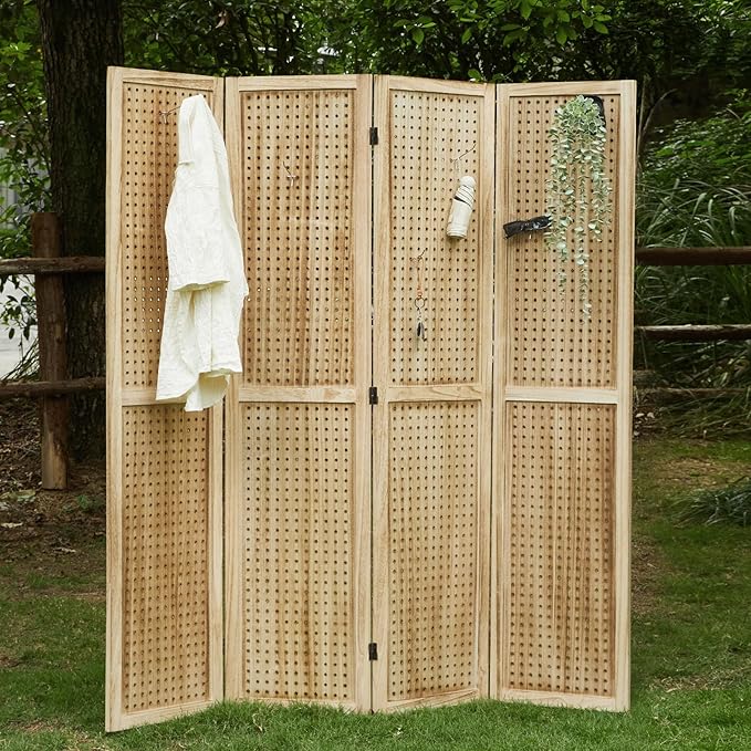 Pegboard Display, 5.6Ft Wooden Room Divider Folding Privacy Screens Portable Freestanding Wall Organizer for Retail Craft Art Display Board (4panels, Natural)