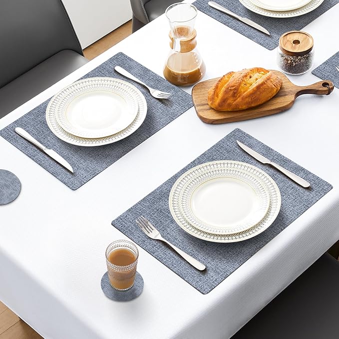 MOSAYT Placemats Set of 4, Heat Resistant Vinyl Place Mats with Coasters, 100% Waterproof Wipeable Washable Faux Leather Table Mats for Kitchen Dining Party Indoor Outdoor, 12" x 17", Sky Blue