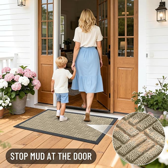 OLANLY Front Door Mat Outside Entrance 35x23, Absorbent, Heavy Duty Sturdy Natural Rubber Doormat Indoor Outdoor, Stain and Fade Resistant, Non-Slip Backing Low Profile Floor Mat for Entryway, Beige