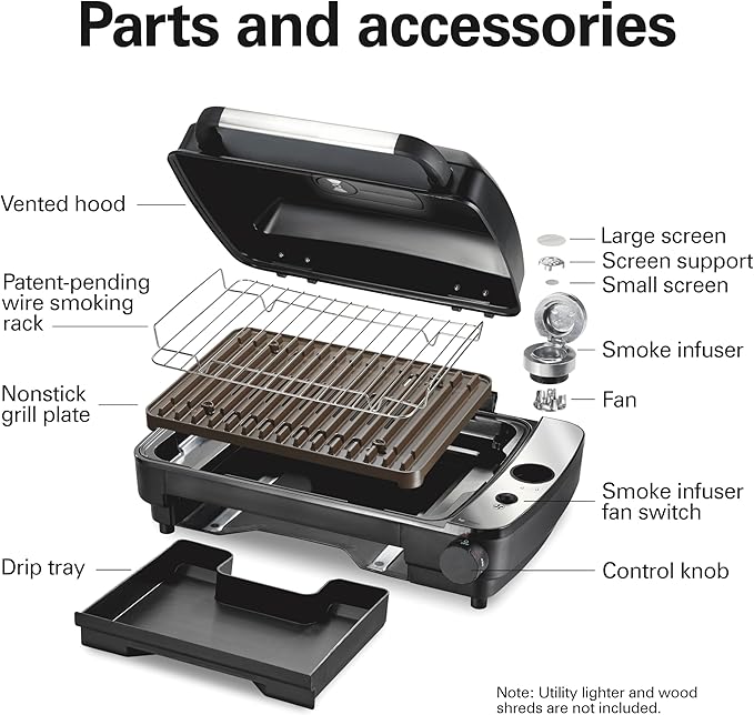 Hamilton Beach Electric Indoor Grill with Hot and Cold Smoke Infuser, 150°F - 450°F Temperature Control For Searing, Vented Hood and Fan, 116 Sq. In. Non-Stick Cooking Surface, Black (25375)