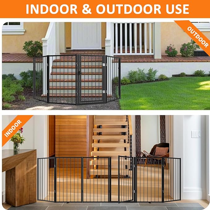Metal Freestanding Dog Gate, Foldable Extra Wide 118", 32" Tall Large Opening Pet Gate for Indoor & Outdoor, Portable Dog Fence for Stairs, Doorways (Black, 6 Panels)